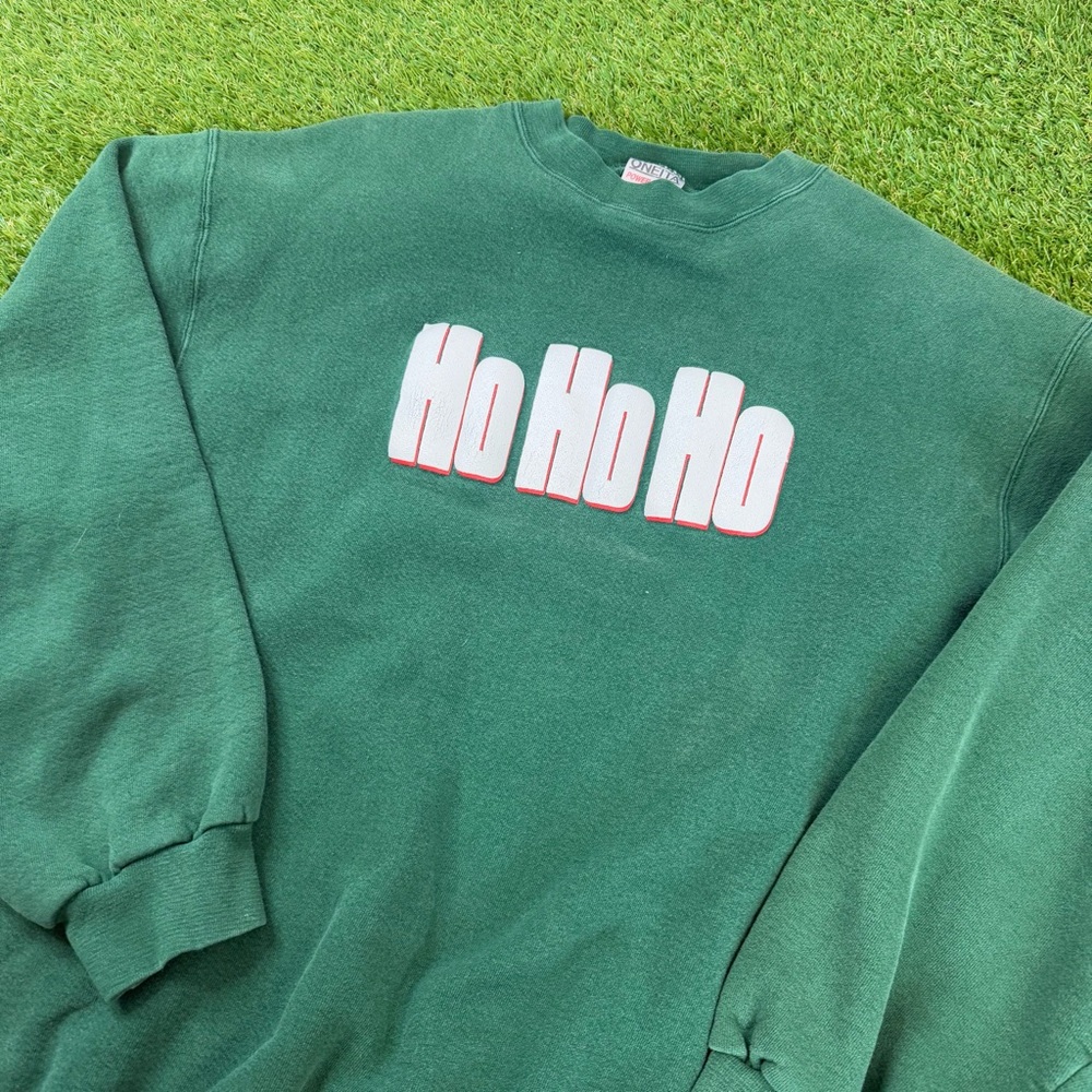 Green Crewneck Sweater with Festive‎ White Text